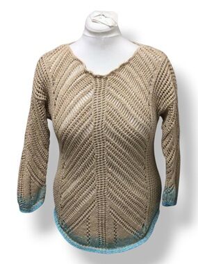 Coldwater Creek Women’s Open Crochet Tunic Cover-up VTG 90s Tan/Aqua XL